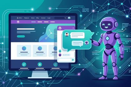 Ilustración de un robot de IA conectado a un sitio WordPress mediante un chat