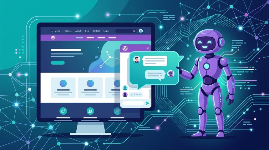 Ilustración de un robot de IA conectado a un sitio WordPress mediante un chat