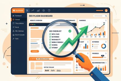 Ilustración del dashboard de un plugin SEO para WordPress con ranking en ascenso
