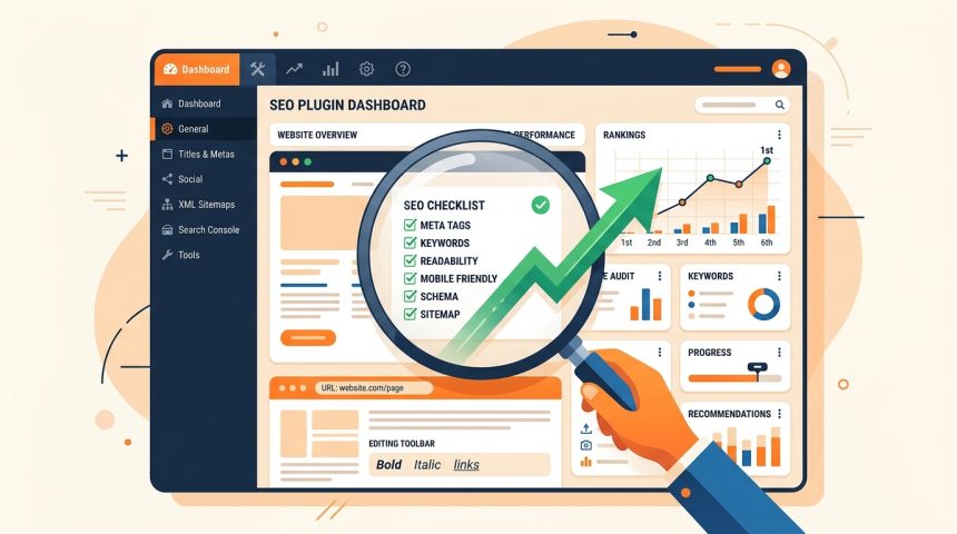 Ilustración del dashboard de un plugin SEO para WordPress con ranking en ascenso