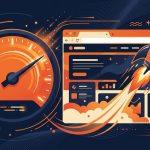 Ilustración de un velocímetro y un cohete junto a una ventana de navegador, representando velocidad web