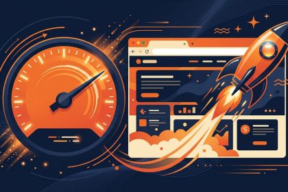 Ilustración de un velocímetro y un cohete junto a una ventana de navegador, representando velocidad web