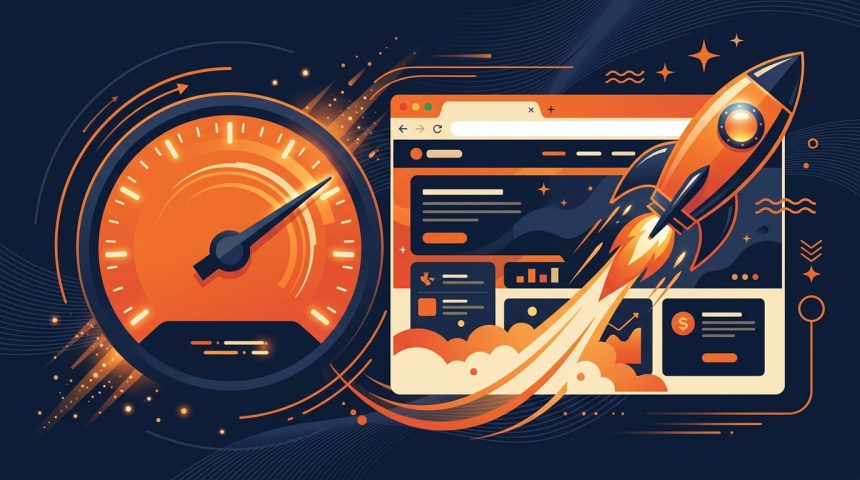 Ilustración de un velocímetro y un cohete junto a una ventana de navegador, representando velocidad web