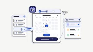 Ilustración del plugin JetStudio Bookings: formulario de citas por pasos con calendario y bandeja de solicitudes