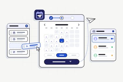 Ilustración del plugin JetStudio Bookings: formulario de citas por pasos con calendario y bandeja de solicitudes